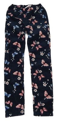 Tmavomodré květované manšestrové elastické kalhoty s motýly H&M