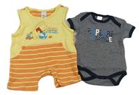 2 set - Tmavomodré pruhované body s nápisem + žluto-oranžový pruhovaný kraťasový overal 