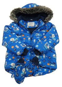 Modrá šušťáková zateplená bunda s bagrami a kapucí + rukavice George