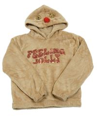 Hnědá plyšová mikina s nápisem z flitrů a kapucí - sob