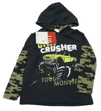 Nové - antracitové tričko s potlačou a army rukávy a kapucňou Kiki&Koko