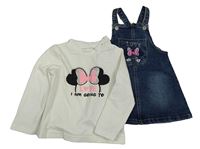 Nové - 2 set - bílé triko s Minnie + tmavomodré riflové laclové šaty 