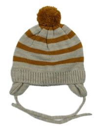Béžovo-okrová pruhovaná pletená čepice s bambulí H&M