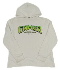 Biela mikina so zeleným nápisom a kapucňou H&M