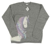 Nové - Sivý trblietavý sveter s jednorožcem z flitrů Next
