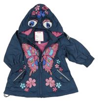Tmavomodro-ružová šušťáková jarná bunda s motýlkom a kapucňou