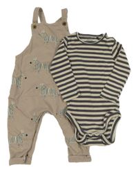 2 set - hnědé laclové tepláky se zebrami + šedé pruhované žebrované body Next