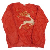 Červený chlupatý svetr se sobem a flitry F&F