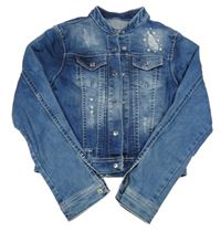 Tmavomodrá rifľová crop bunda s perlami