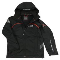 Černo-červená softshellová bunda s nápisy a kapucí 