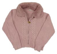 Ružový prepínaci crop sveter s golierom s kožešinou