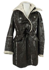 Dámsky hnedý semišový kabát s kožúškom a opaskom