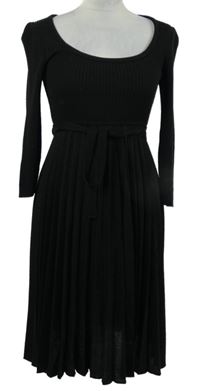 Dámské černé žebrované plisované svetrové midi šaty s páskem Savida 