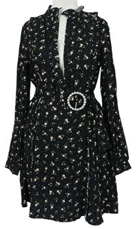 Dámske čierne kvietkovane košeľové šaty s opaskom H&M