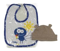 2set- béžová čepice s oušky+ bílo-modrý bryndák s broučkem