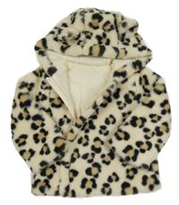 Smetanový kožešinový zateplený kabát s leopardím vzorem a kapucí TU