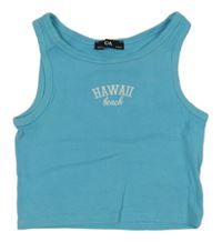 Azurový žebrovaný crop top s nápisem C&A