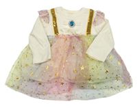 Vanilkovo-farebné slávnostné šaty s broží, tylem a hviezdami
