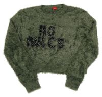 Khaki chlpatý crop sveter s nápisom S. Oliver