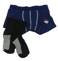 2set - Tmavomodré boxerky s loďkou + čierno-sivé ponožky