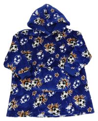 Modrá plyšová zateplená domácí oversize mikina s míči a kapucí 