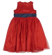 Červené saténovo/tylové slavnostní šaty s puntíkatou stuhou 