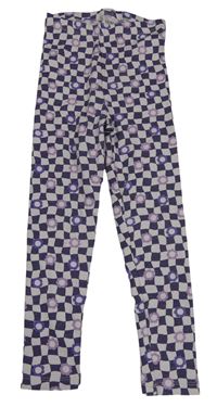 Lila-fialové kockované rebrované legíny s kvetinami Kiki&Koko