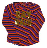 Červeno-černo-modé pruhované triko s nápisem z flitrů 