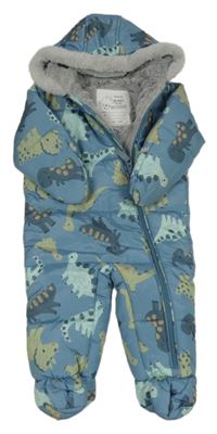 Modrá šusťáková prošívaná zimní kombinéza s dinosaury a kapucí Nutmeg