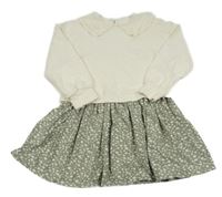 Smetanovo-khaki teplákovo/bavlněné šaty s kytičkami John Lewis