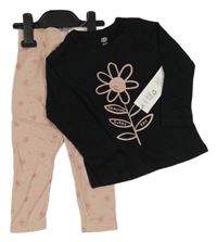 Nové - 2 set - Černé triko + růžové legíny s kytičkami F&F