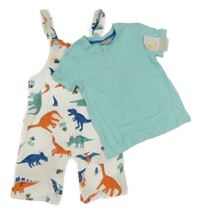 -Nové 2set - Biele teplákové na traké kraťasy s dinosaury + tyrkysové tričko Primark