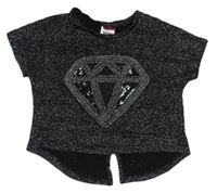 Čierno-strieborný trblietavý sveter s drahokamem s flitrami YIGGA