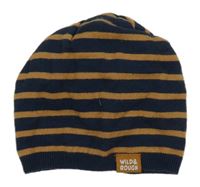 Tmavomodro-svetlohnedá pruhovaná úpletová čapica s nášivkou dopodopo