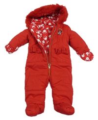 Červená prešívaná šušťáková zimná kombinéza s Minnie a mašľami a kapucňou s kožešinou George