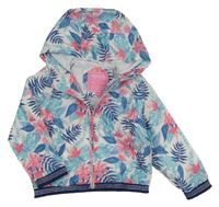 Bielo-tmavomodrá šušťáková jarná bunda s lístečky a pruhmi a kapucňou C&A