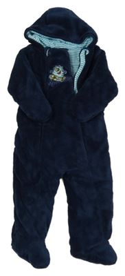 Tmavomodrá plyšová zateplená kombinéza s příšerkou a kapucí Papagino