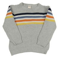 Svetlosivý melírovaný rebrovaný sveter s farebnymi pruhmi PUSBLU