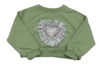 Khaki melírovaná oversize crop mikina s batikovaným srdiečkom s flitrami Next