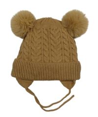 Hnedá vzorovaná úpletová zavazovací čapica s bambulemi noixx