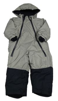 Šedo-tmavomodrá melírovaná šusťáková zimní kombinéza s odepínací kapucí lupilu