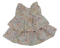 Biele vzorované šaty s kvietkami a vážkami a volánikmi so cute