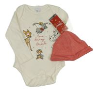 Nové - 2Set - Biele body s Disney zvířátky + červená melírovaná čapica Disney