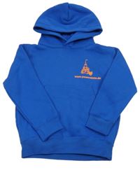 Cobaltovoě modrá tepláková mikina s obrázkom a nápismi a vreckom a kapucňou FRUIT of the LOOM