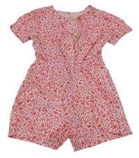 Smetanovo-červeno-růžový kytičkovaný plátěný kraťasový overal St. Bernard