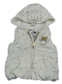 Bílá prošívaná šusťáková zateplená vesta s Minnie a zlatými puntíky a srdíčky a kapucí C&A