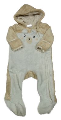 Béžovo-biela plyšová kombinéza s medvedíkom a kapucňou baby mack