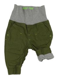 Khaki cuff plátěné podšité kalhoty se šedým úpletovým pasem se zvířátky dopodopo