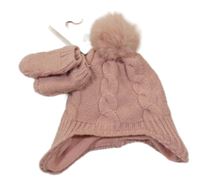 Nové - 2Set - Starorůžová vzorovaná čepice s bambulí + rukavice PRIMARK