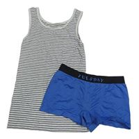 2set - Šedo-černé pruhované tílko + modré boxerky s nápisem